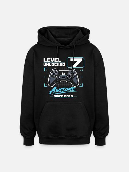 Level 7 Unlocked Gaming Gift Boys - Oversized Unisex Hoodie - black
