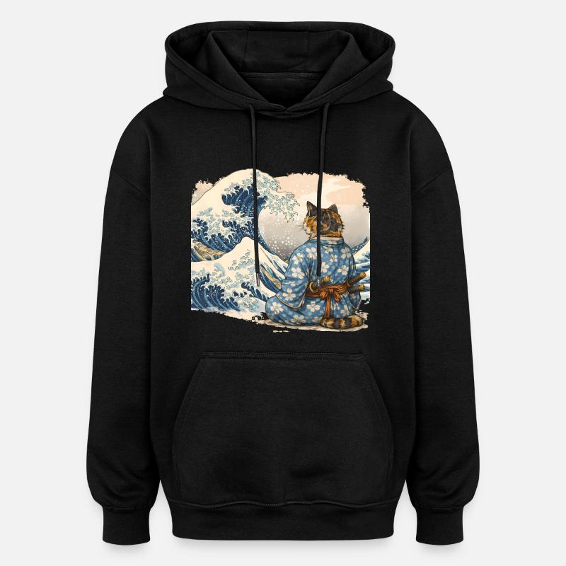 Samurai Cat Wave japanischer Ukiyo-e-Stil - Oversized Unisex Hoodie - Schwarz