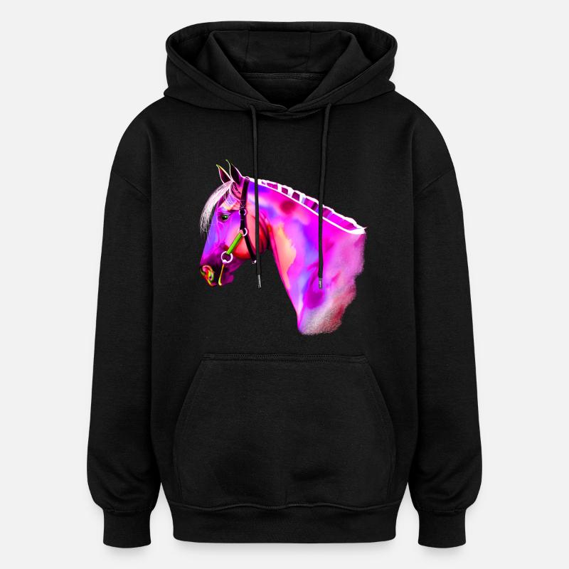 Aquarelle de tête de cheval néon - Sweat à capuche oversize unisexe - noir