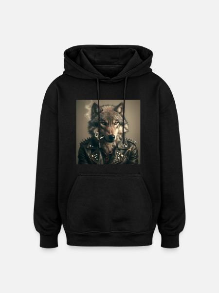 Rockiger Wolf mit Lederjacke - Oversized Unisex Hoodie - Schwarz