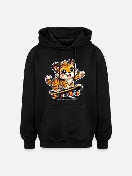 Cute Tiger Skateboard Adventure - Oversized Unisex Hoodie - black