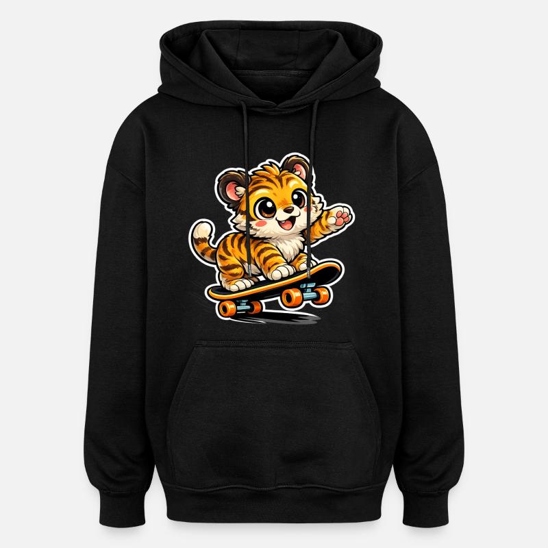 Aventure mignonne sur skateboard tigre - Sweat à capuche oversize unisexe - noir