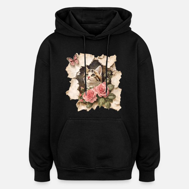 Katze mit Schmetterling - Oversized Unisex Hoodie - Schwarz