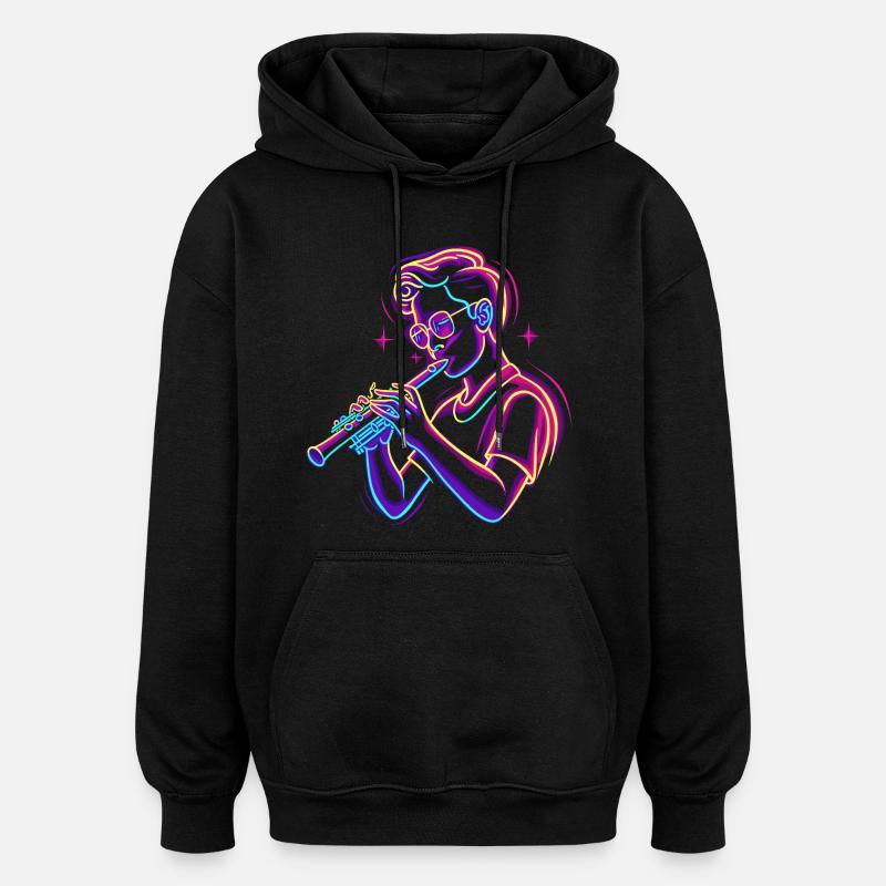 Flûte Garçon Graphique Synthwave - Sweat à capuche oversize unisexe - noir
