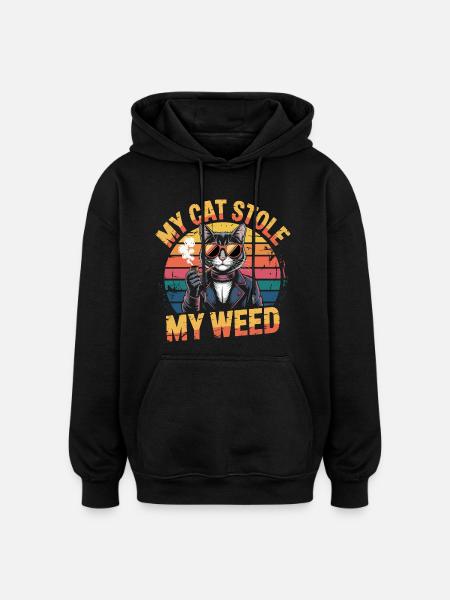 Retro Cat Stoner Illustration - Oversized Unisex Hoodie - black