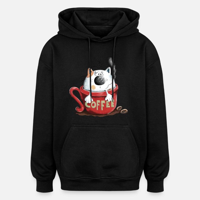 Chat et café - Sweat à capuche oversize unisexe - noir