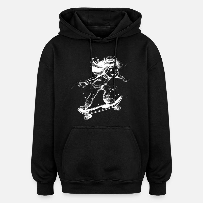 Dessin de fille en skateboard - Sweat à capuche oversize unisexe - noir