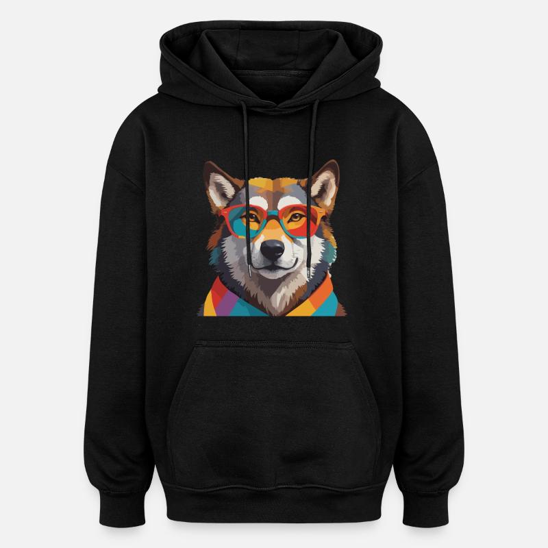 Wolf Cool mit Brille Bunt - Oversized Unisex Hoodie - Schwarz