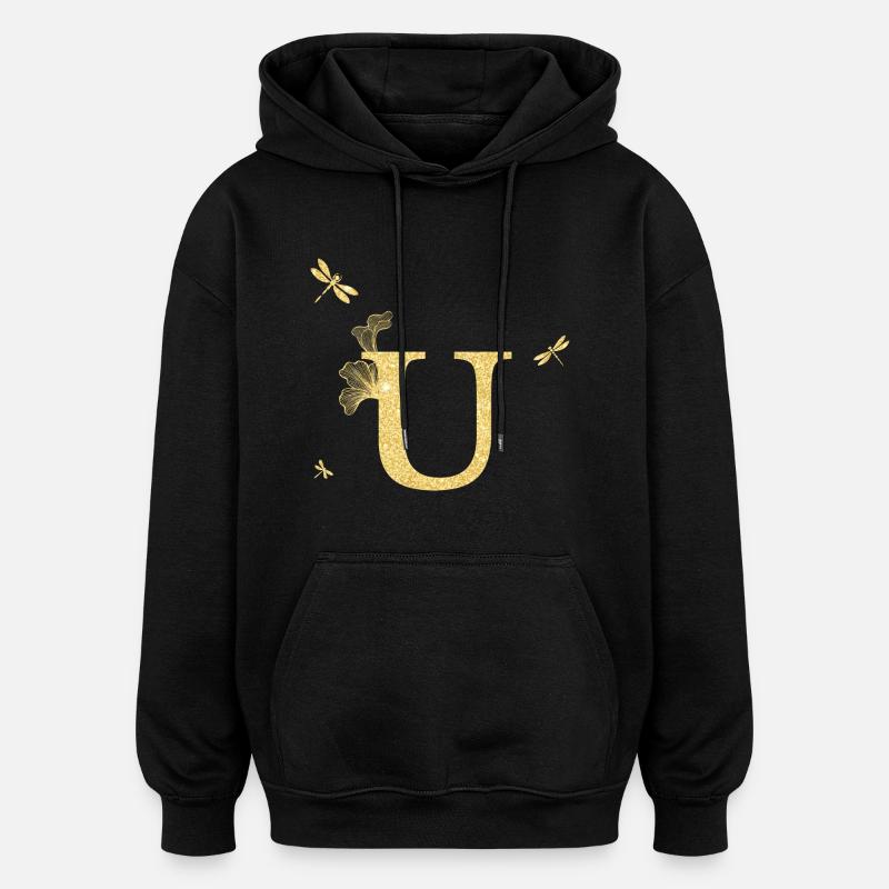 Lettre u paillettes doré libellule - idée cadeau - Sweat à capuche oversize unisexe - noir