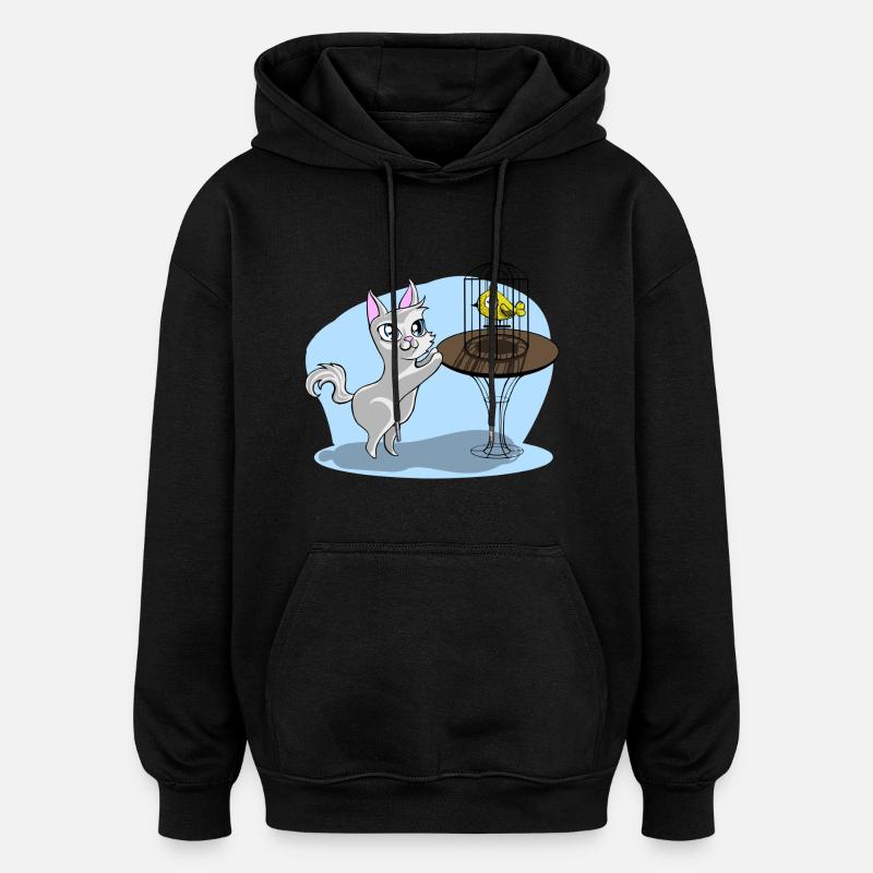 Chat avec oiseau - Sweat à capuche oversize unisexe - noir