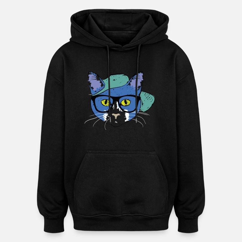 Blaue Katze mit Cap - Oversized Unisex Hoodie - Schwarz