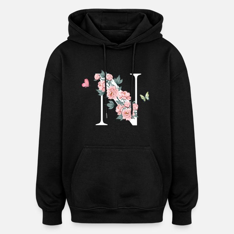 Lettre n fleurs rose - Sweat à capuche oversize unisexe - noir