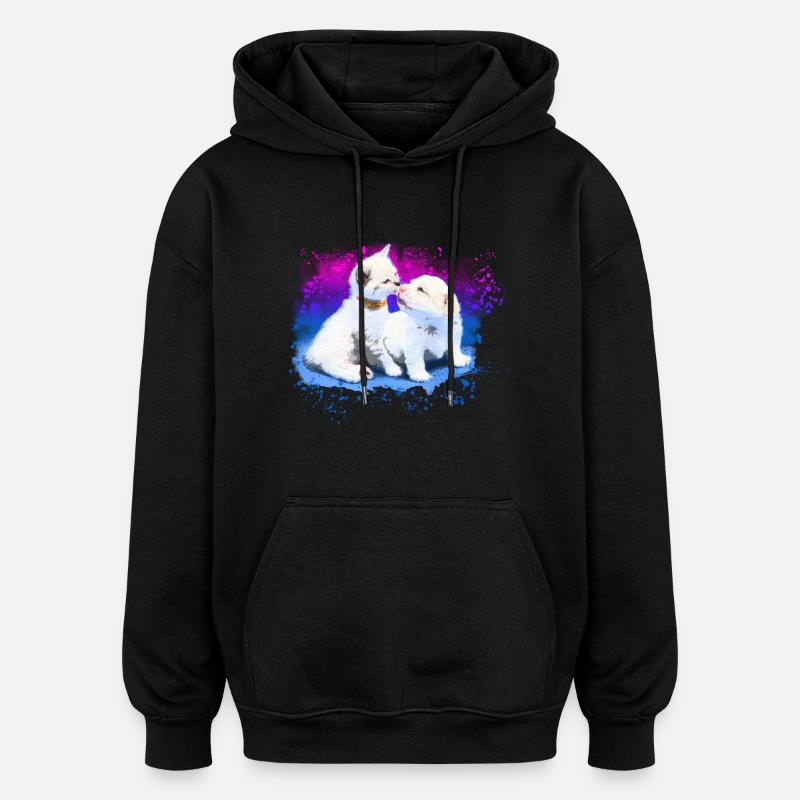 Chaton câlin et chiot - Sweat à capuche oversize unisexe - noir
