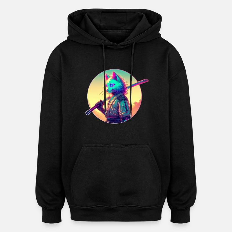 Cyberpunk Chat Samouraï Anime - Sweat à capuche oversize unisexe - noir