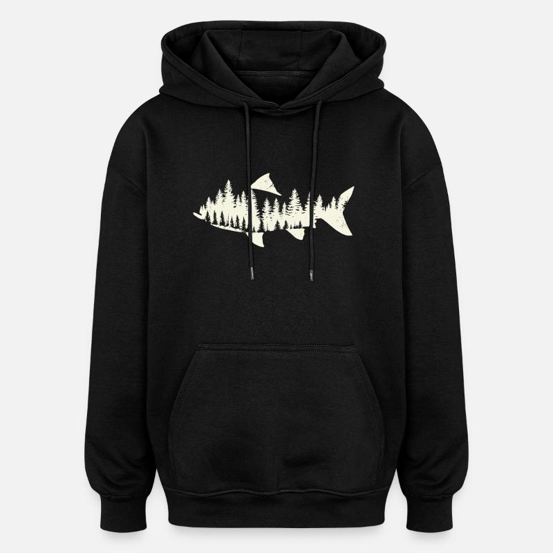 Fish & Mountain Forest - Oversized Unisex Hoodie - black