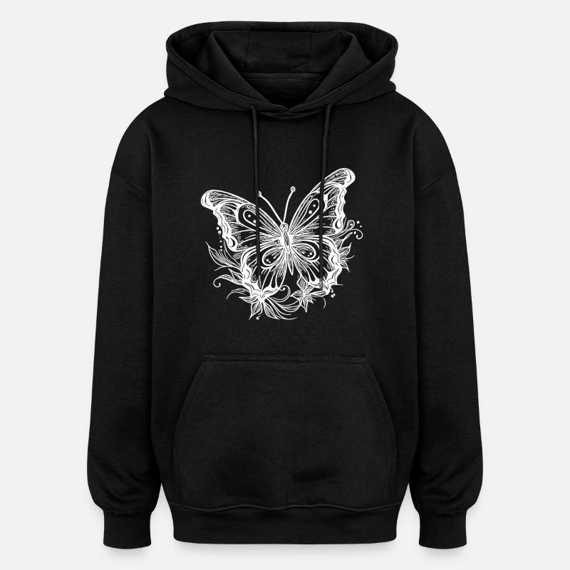 Style Tatouage de fleur Papillon - Sweat à capuche oversize unisexe - noir