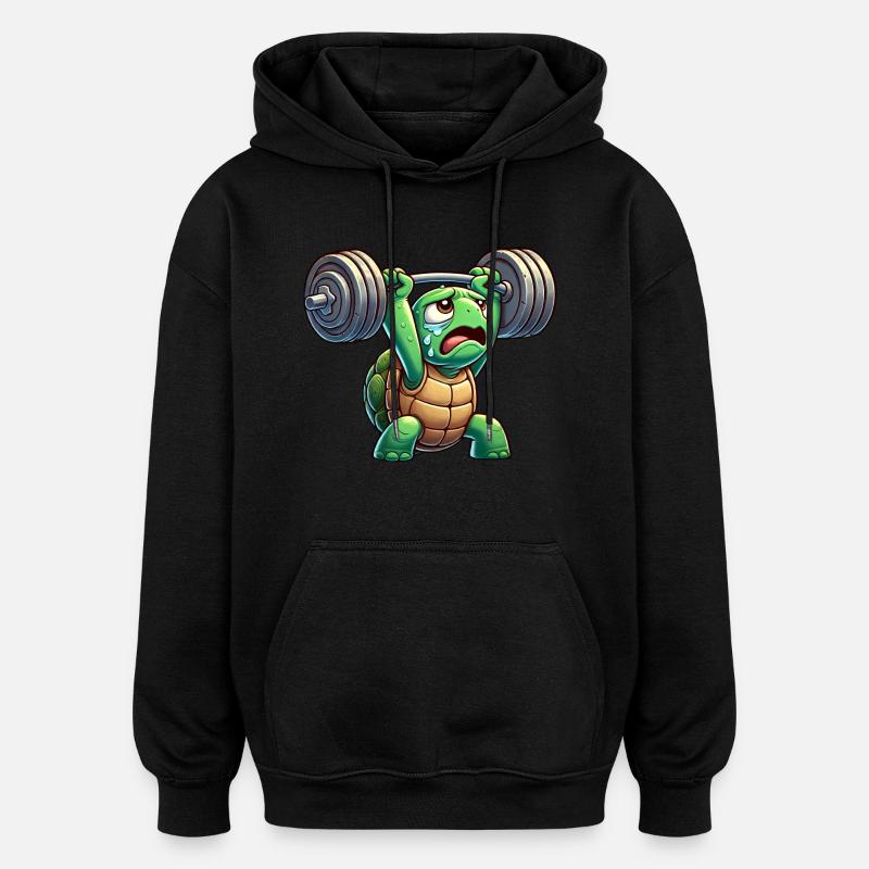Exhausted turtle with dumbbell cartoon - Oversized Unisex Hoodie - black