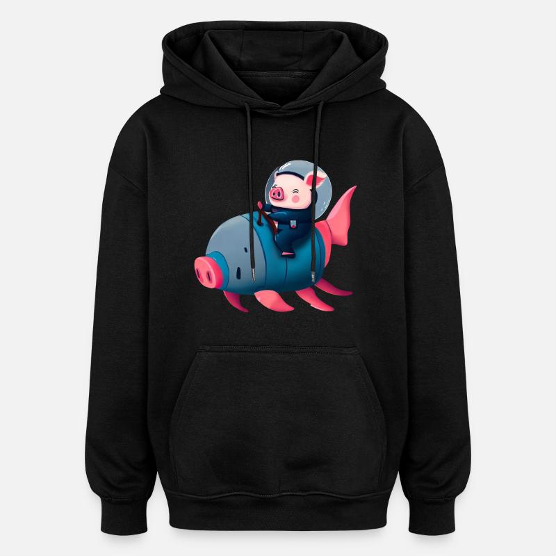 Pig Astronaut sur Pig Rocket - Sweat à capuche oversize unisexe - noir