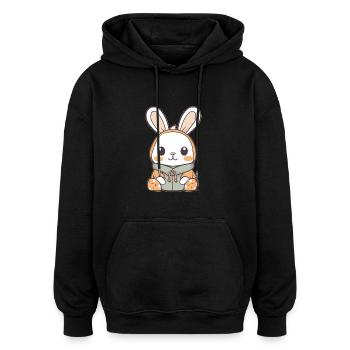 Hase - Kawaii Style - Oversized Unisex Hoodie - Schwarz - Vorne - Noah (186cm)
