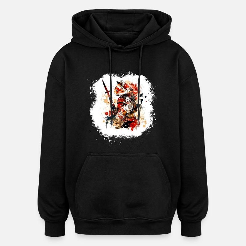 Samurai Katze Rot Schwarz - Oversized Unisex Hoodie - Schwarz