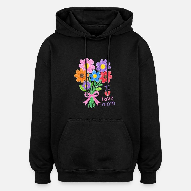 Bouquet Crayonné pour Maman - Sweat à capuche oversize unisexe - noir