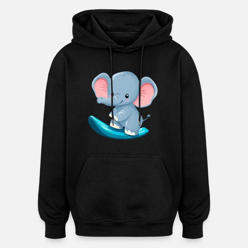Surfer Elephant, Adventurous Animal Design - Oversized Unisex Hoodie - black