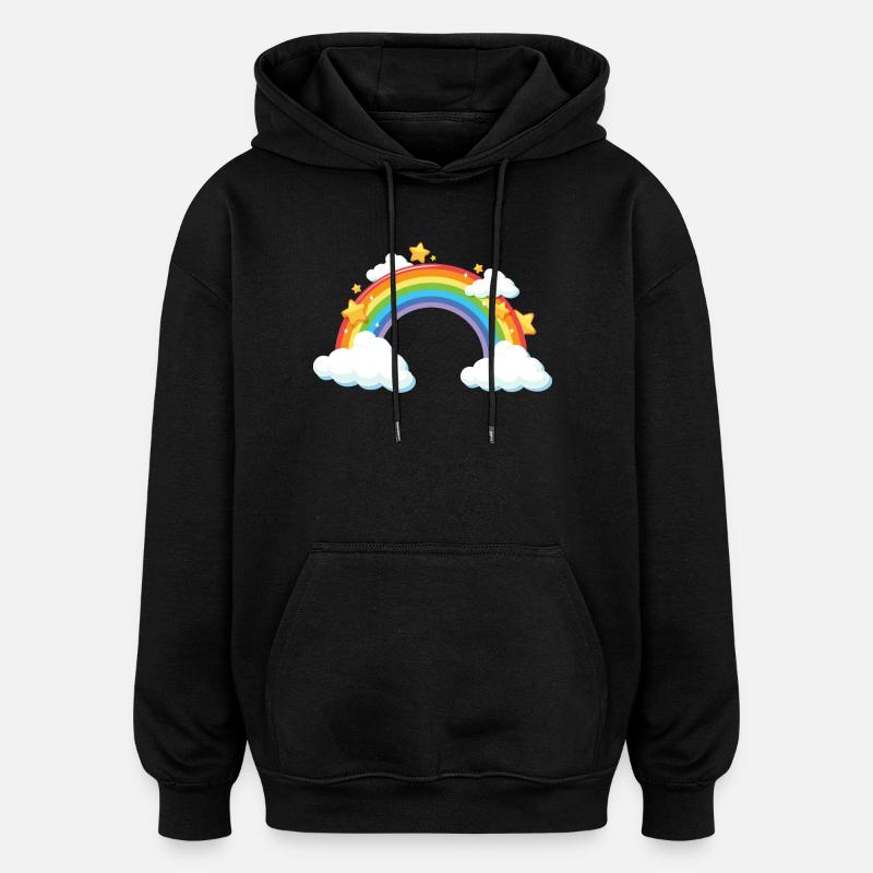 Rainbow Arc with Clouds and Stars - Oversized Unisex Hoodie - black