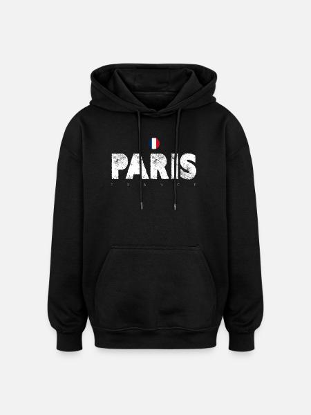 Paris Distressed Glyphs with French Flag - Oversized Unisex Hoodie - black