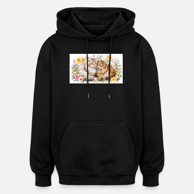 Pastel cats in spring bloom - Oversized Unisex Hoodie - black