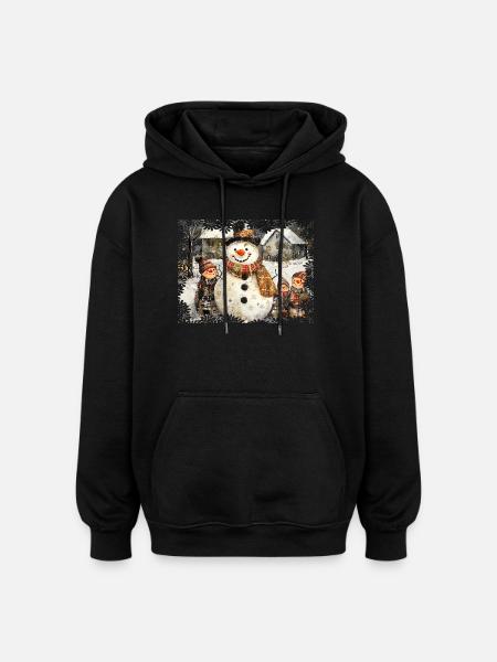Charming winter snowman with children - Oversized Unisex Hoodie - black