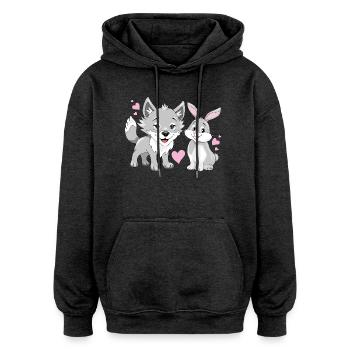 Happy baby wolf and cute smiling rabbit - Oversized Unisex Hoodie - charcoal grey - Front - Noah (186cm)