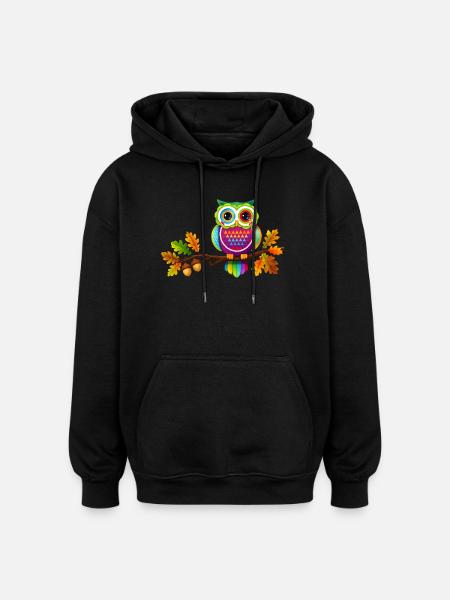 Bunte Eule auf Ast mit Herbstblättern - Oversized Unisex Hoodie - Schwarz