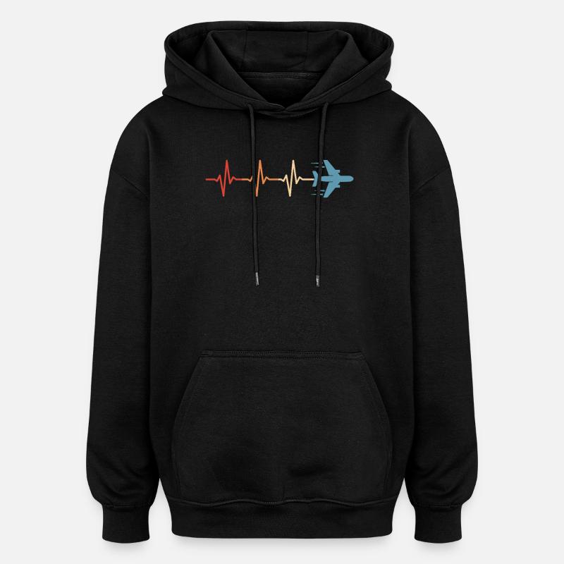 Airplane Heartbeat Pilot Aviation Aviator - Oversized Unisex Hoodie - black