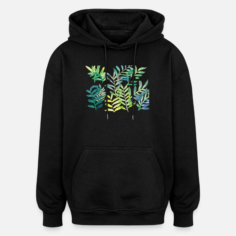 Branches de feuilles aquarelles - Sweat à capuche oversize unisexe - noir
