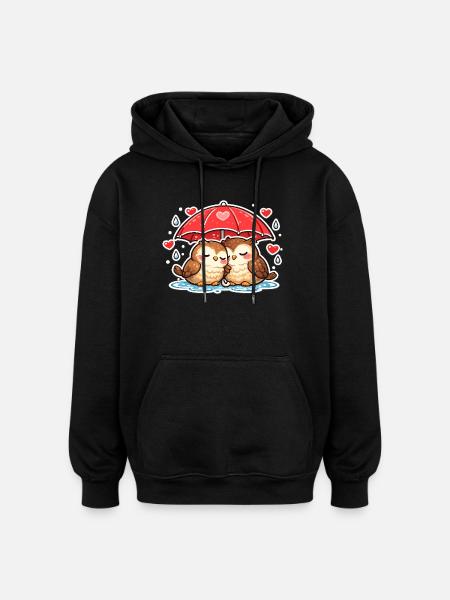 Cuddly owls under red umbrella - Oversized Unisex Hoodie - black