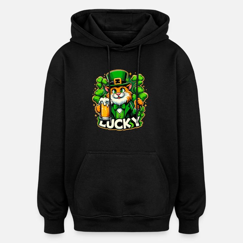 Saint-Patrick Leprechaun Cat Happy - Sweat à capuche oversize unisexe - noir