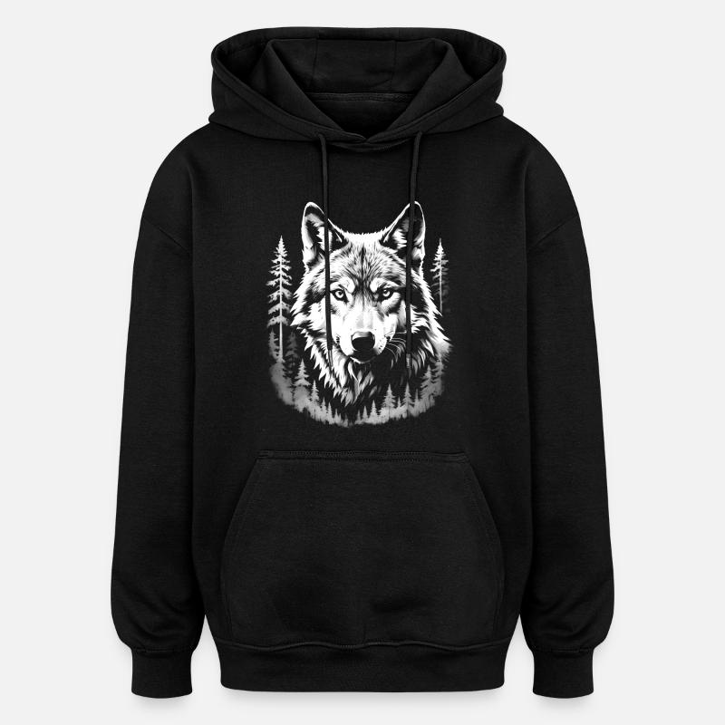Wolf, Forest - Oversized Unisex Hoodie - black