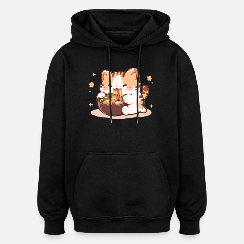 Cat Eating Spaghetti Meme - Oversized Unisex Hoodie - black