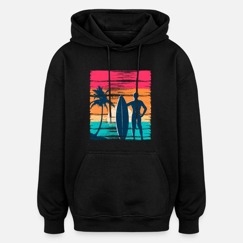 Surfeur Sunset Rétro - Sweat à capuche oversize unisexe - noir