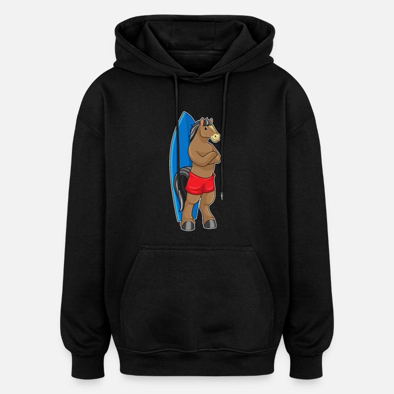 Pferd als Surfer mit Surfbrett - Oversized Unisex Hoodie - Schwarz