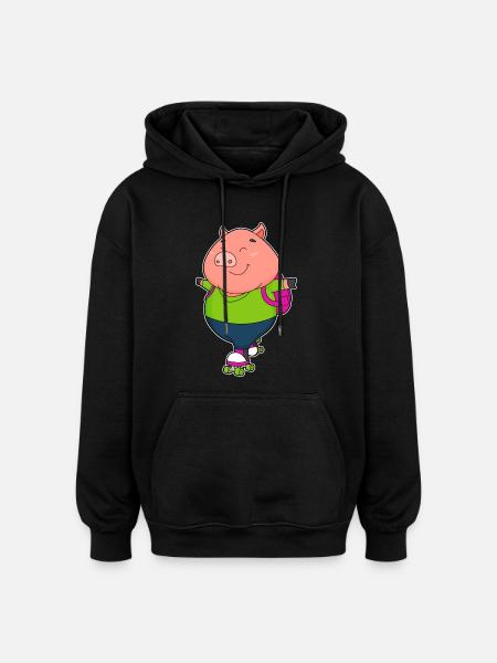 Pig Roller Skating Roller Skates - Oversized Unisex Hoodie - black