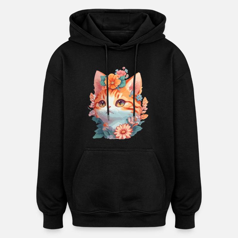 Chat rouge avec des fleurs - Sweat à capuche oversize unisexe - noir