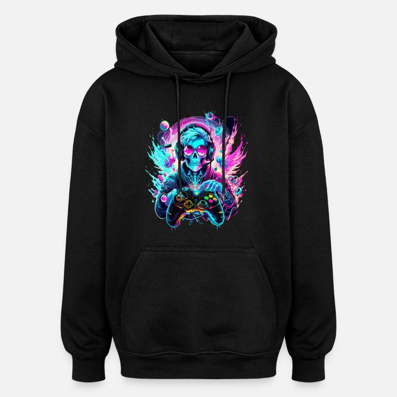 Synthwave Skull Gaming Controller Art - Oversized Unisex Hoodie - black