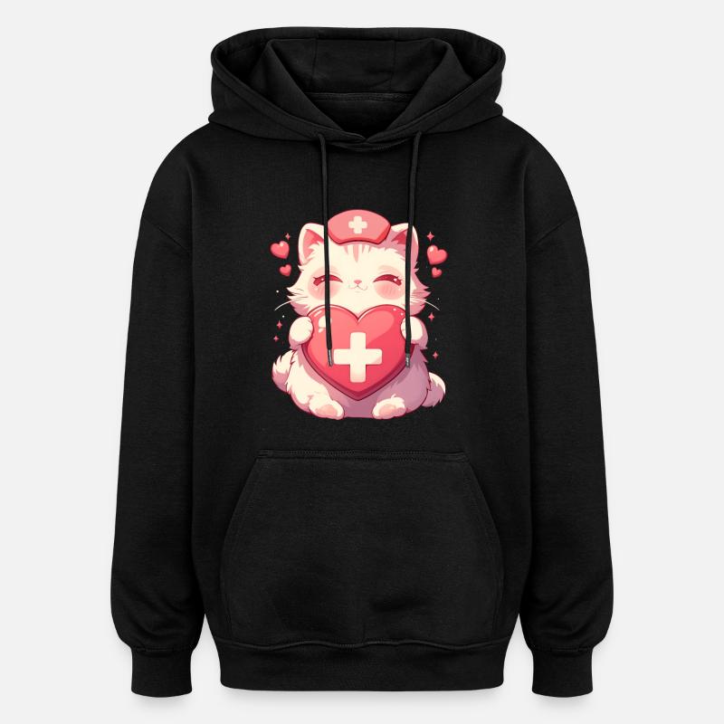 Chat Infirmière Kawaii Infirmière Médecin - Sweat à capuche oversize unisexe - noir