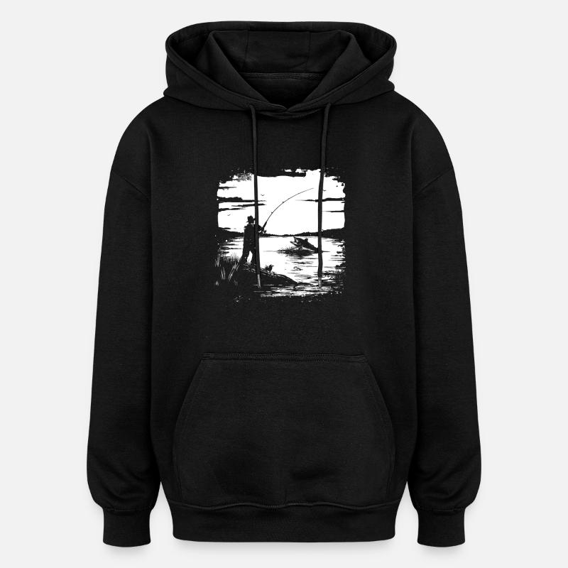 Fischen Grafik - Oversized Unisex Hoodie - Schwarz