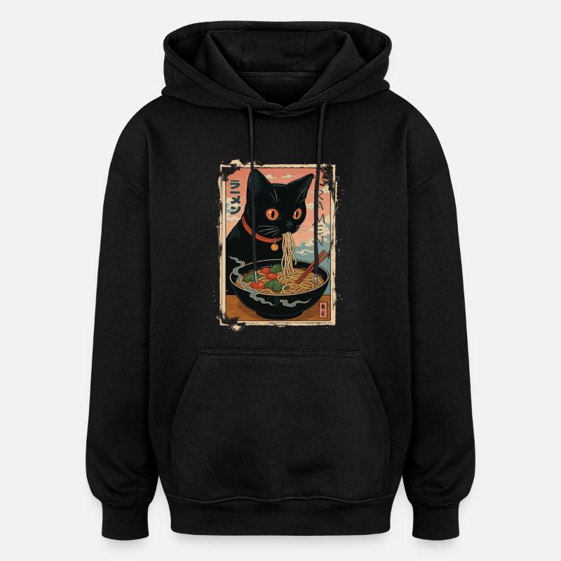 Chat noir dégustant ramen japonais - Sweat à capuche oversize unisexe - noir