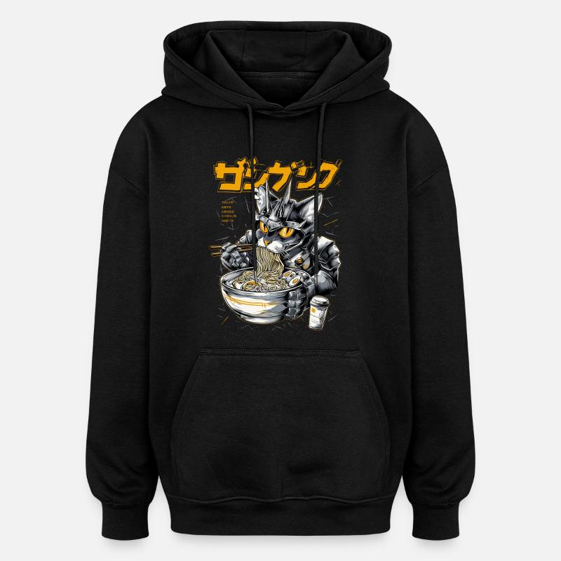 Cyber chat mangeant des ramen - Sweat à capuche oversize unisexe - noir