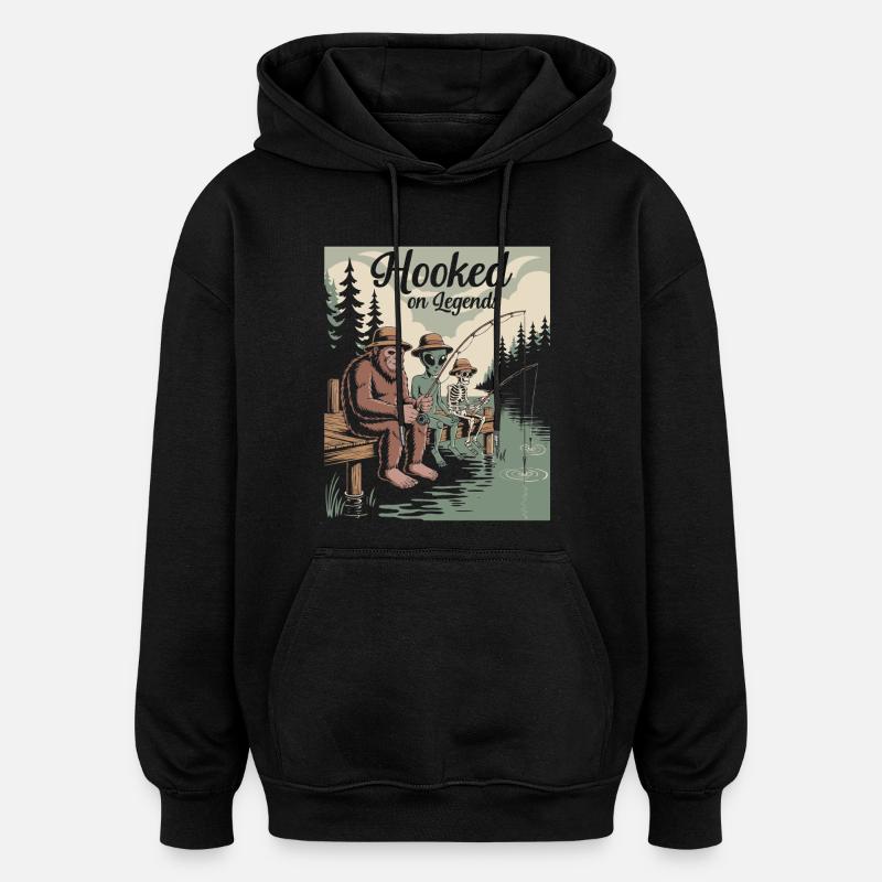 Conception de pêche humoristique avec Bigfoot, extraterrestres, etc. - Sweat à capuche oversize unisexe - noir