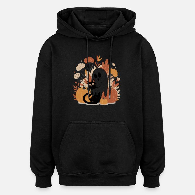Chat citrouille fantôme mignon Halloween automne - Sweat à capuche oversize unisexe - noir