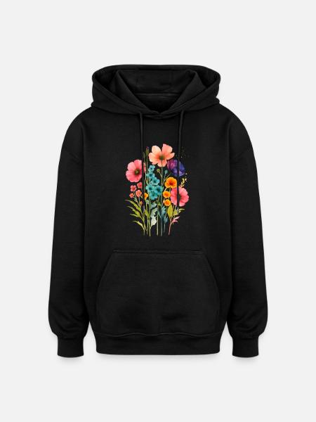Aquarelle Fleurs Sauvages Boho - Sweat à capuche oversize unisexe - noir
